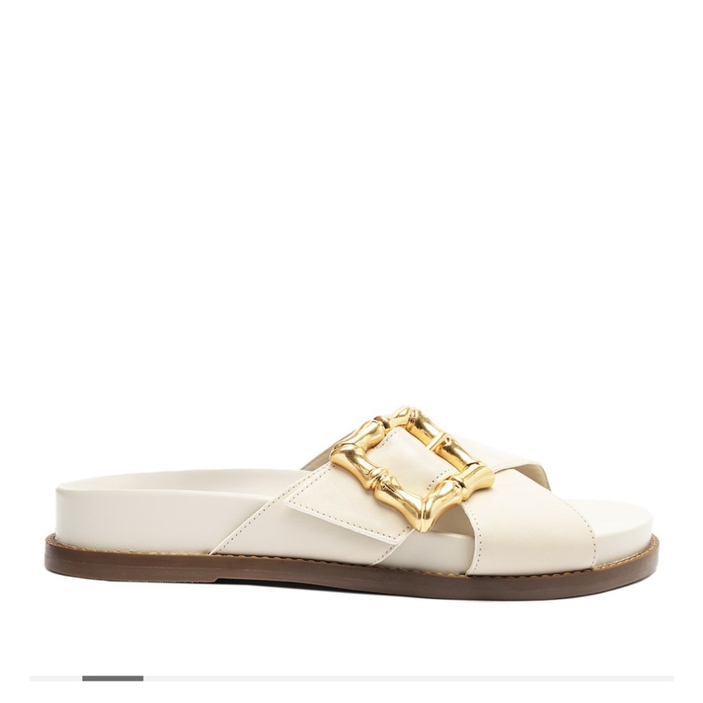 Schutz Enola Crisscross Buckle Leather Sandals White Gold buckle slides Size 7.5 - Picture 10 of 11